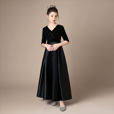 黑色女孩钢琴小提琴丝绒长袖演出服主持人女童礼服管弦乐团大合唱