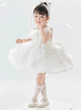 女童洋气白色礼服公主裙2024新款儿童生日演出服多巴胺花童连衣裙