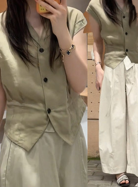 蓝色气质V领简约百搭收腰衬衫女阔腿裤套装2026夏季新款休闲上衣
