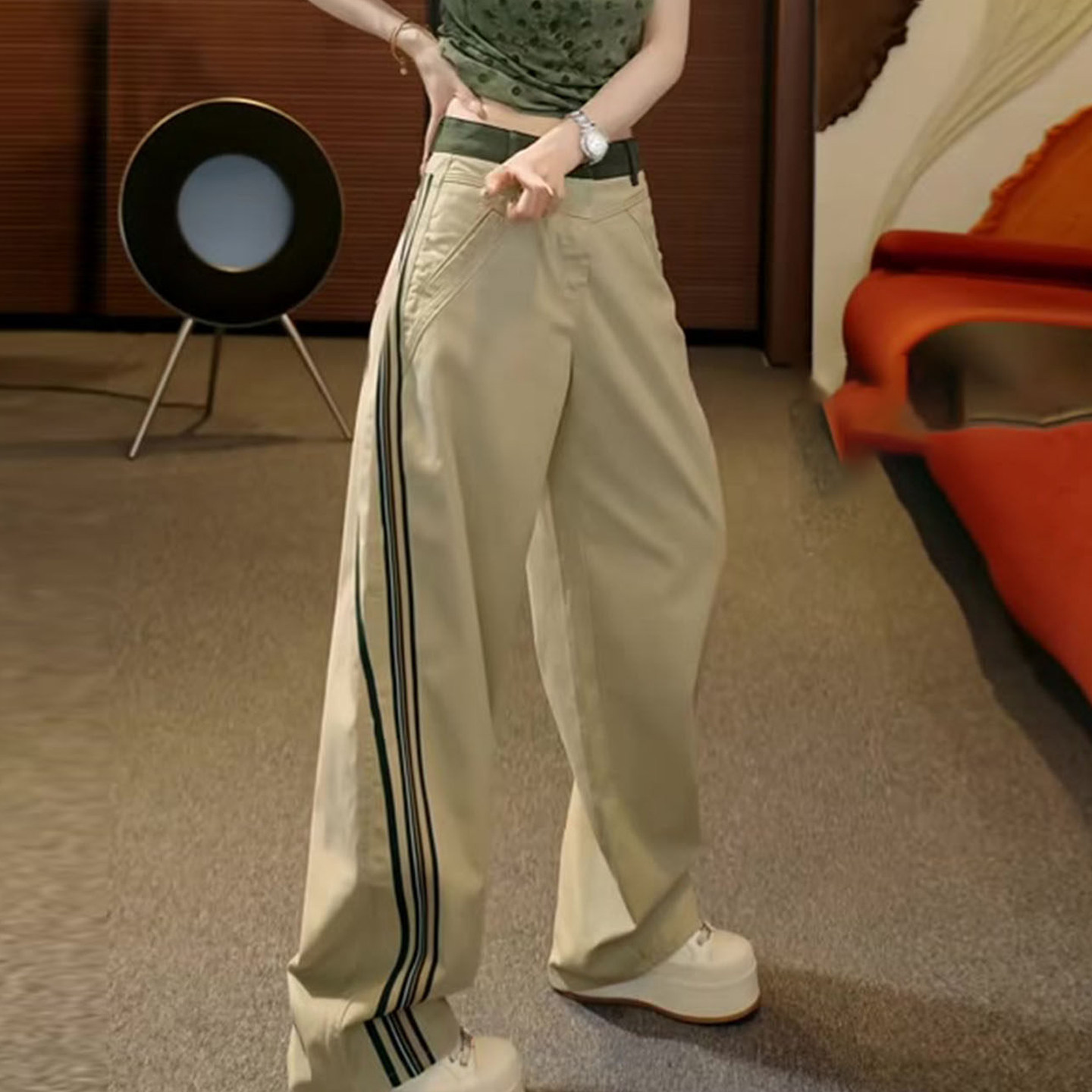 休闲运动复古条纹窄版阔腿裤女春夏季薄款2026年新款小个子工装裤