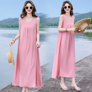 长裙洋气时尚 棉绸连衣裙淑女无袖 减龄中年妈妈度假沙滩裙 新款 夏季