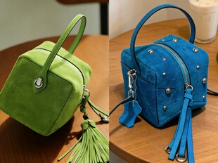 朋克哥特风麂皮炸街小包包牛皮反绒皮真皮铆钉流苏骰子手提小方包