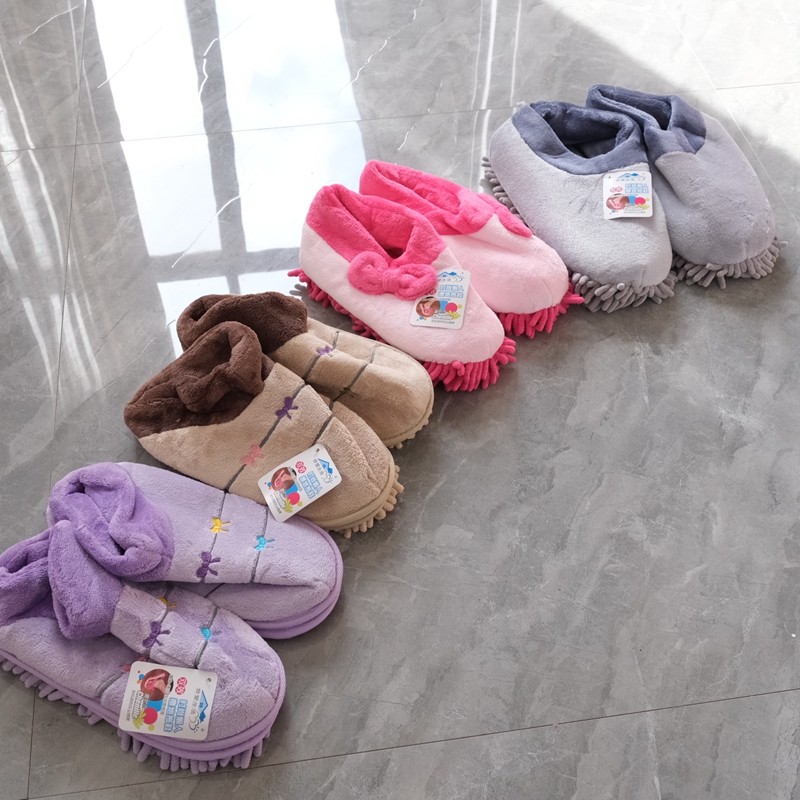 秋冬款懒人擦地绣花拖鞋木地板静音抹布拖地拖鞋加绒保暖拖鞋可拆