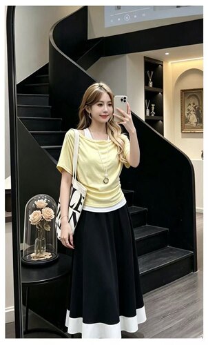 大码女装韩版设计感假两件挂脖短袖t恤女收腰显瘦百搭慵懒风上衣