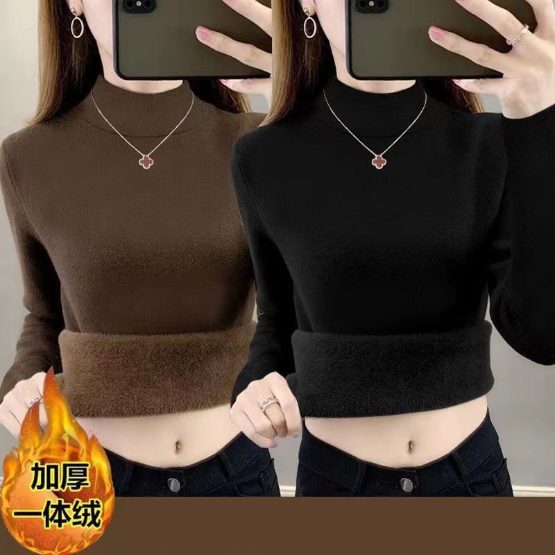 一体绒半高领长袖女秋冬季修身显瘦打底衫加绒加厚内搭保暖上衣