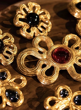 yuwelry法式小众vintage中古天然黑玛瑙拉丝云朵复古耳钉耳环胸针