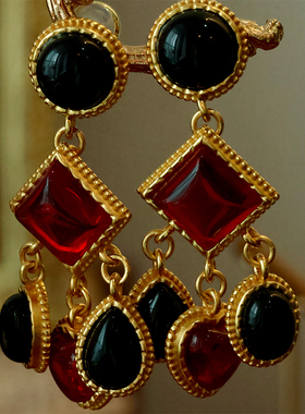 yuwelry欧美中古vintage菱形水滴琉璃复古多吊坠轻奢气质耳环