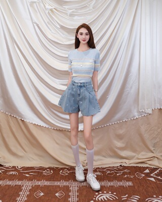 【YJXD 】DIANAVEVINA复古撞色条纹短袖针织衫上衣女D09U06zY726B