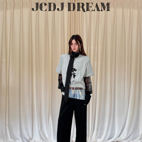 【YJXD 】CD2026夏季新款花灰色松弛感落肩短袖上衣CD08TX6A2323