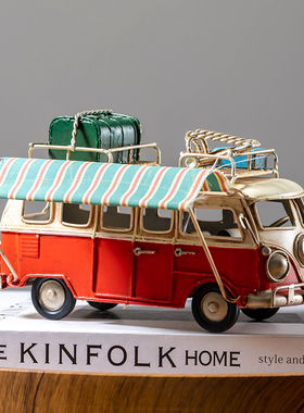 美式怀旧风铁皮巴士摆件仿真复古汽车模型创意送男生礼物家居饰品