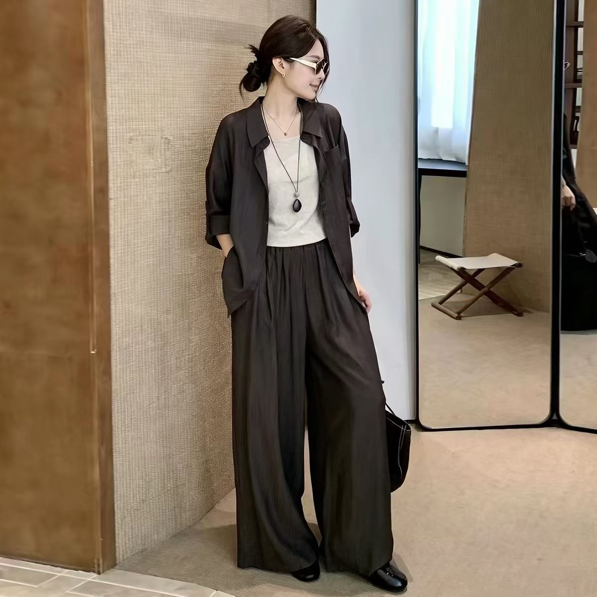 高级感时尚气质套装女2026秋款洋气宽松薄款防晒衬衫阔腿裤三件套
