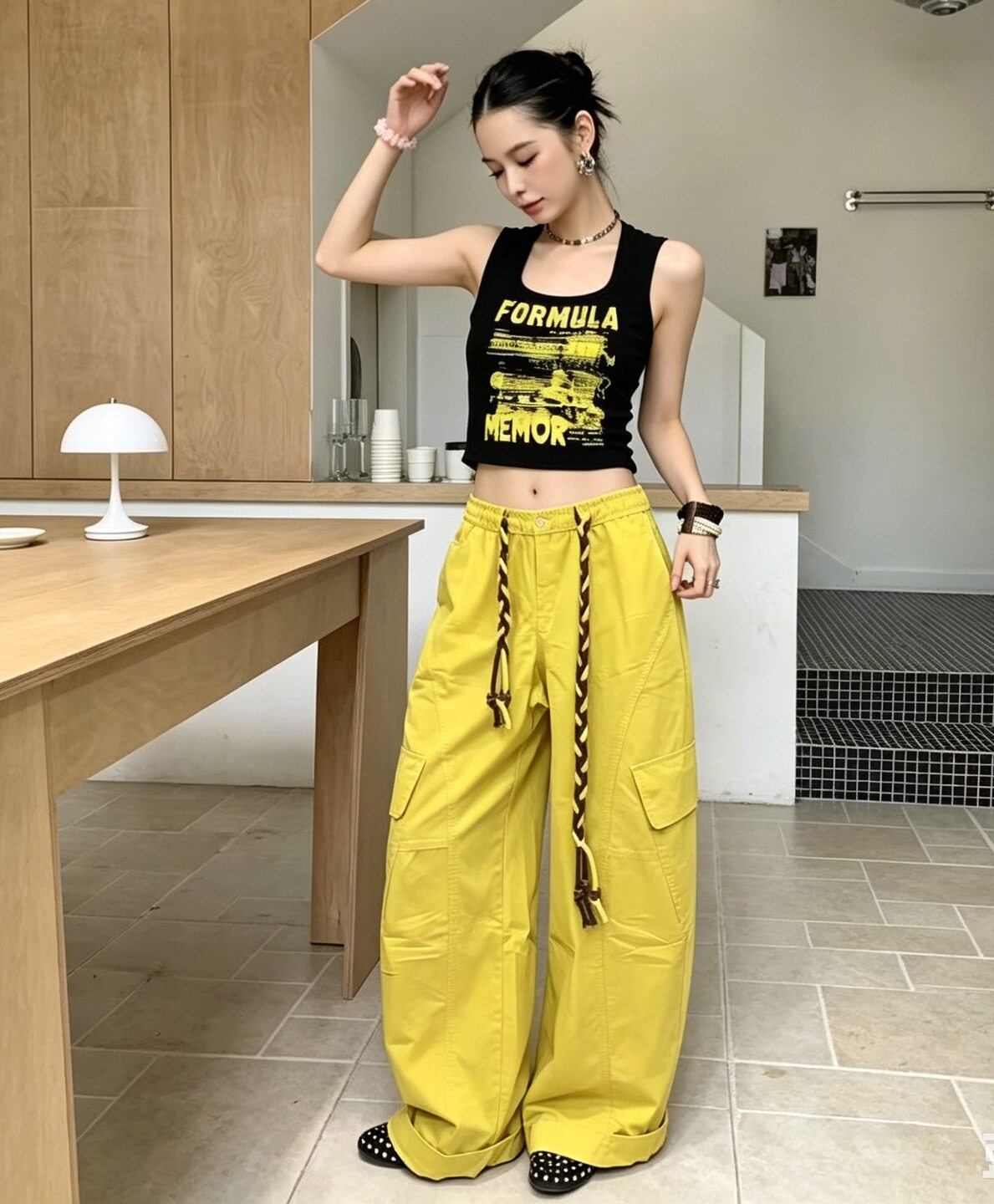 工装风辣妹弯刀阔腿裤套装女2026夏款高腰抽绳宽松显瘦休闲两件套