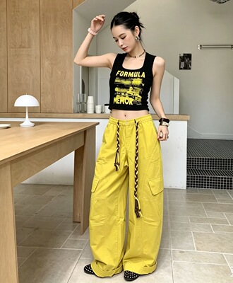 工装风辣妹弯刀阔腿裤套装女2026夏款高腰抽绳宽松显瘦休闲两件套