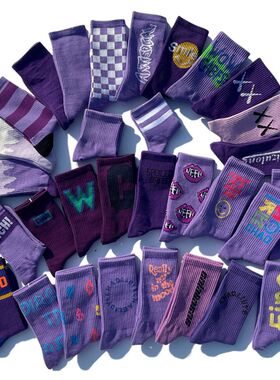2双紫色潮ins网红男女中筒袜子日系学院风欧美街头字母滑板长棉袜