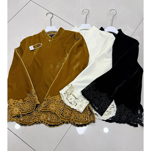 重工蕾丝镂空刺绣丝绒加厚立领斜门襟长袖衬衫新中式冬季新款女装