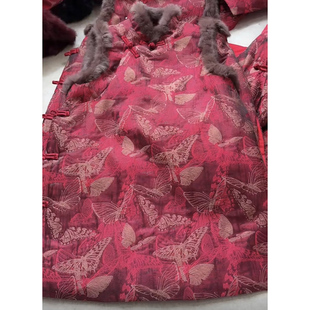 加厚夹棉蝴蝶提花真兔毛马甲中长款改良版旗袍裙新中式国风冬季女