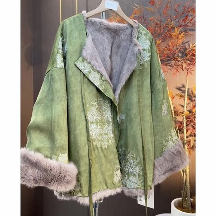 獭兔毛真毛双面穿皮草外套 重工刺绣新中式国风高端气质冬装上衣