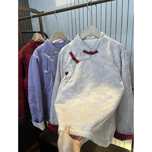 居家小棉服 立领老布提花撞色扣棉袄 棉麻女装 加棉夹棉纯棉新中式