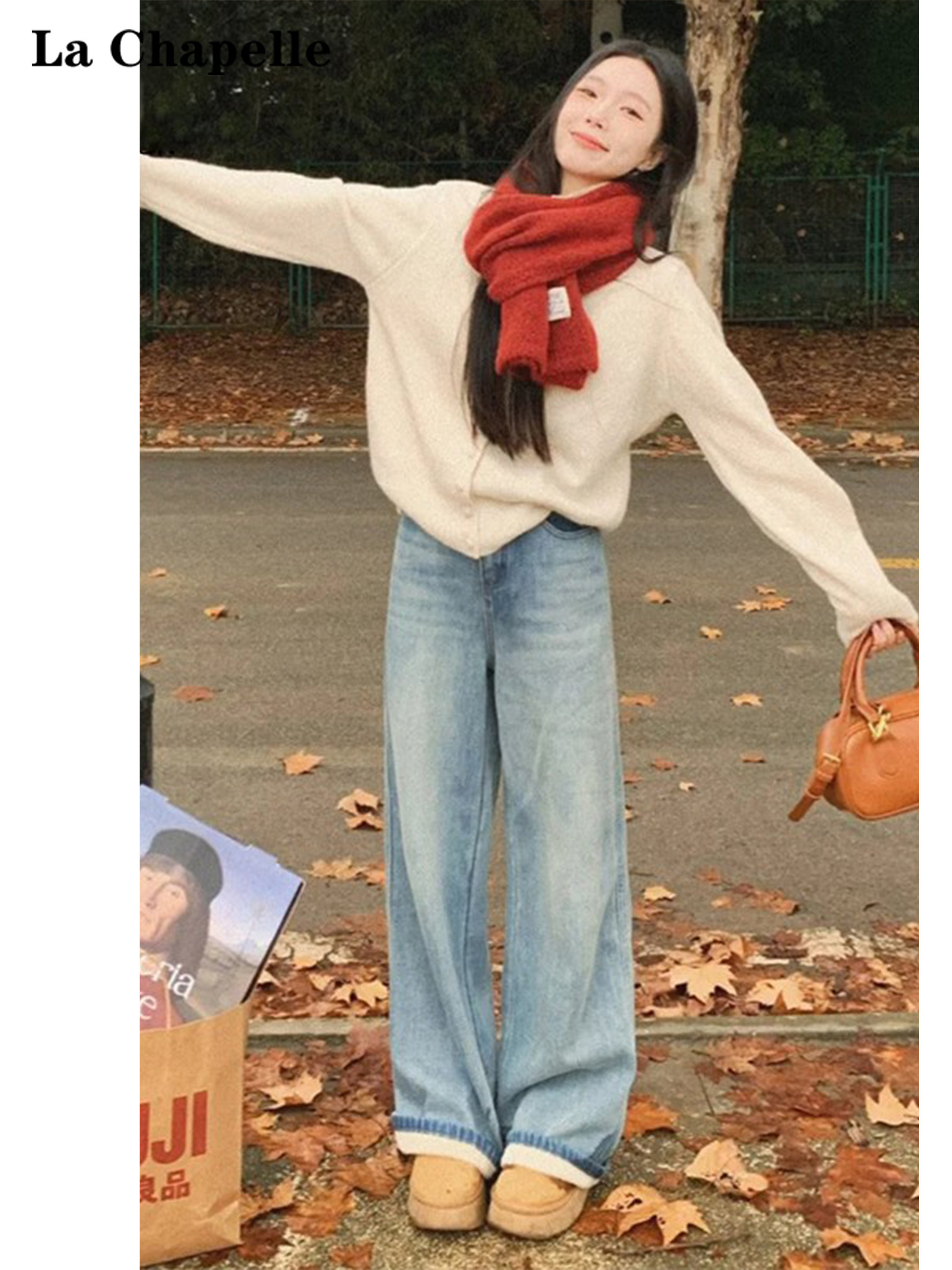 La Chapelle light-colored, fleece-lined straight-leg jeans for women, autumn and winter 2025 new popular high-waist wide-leg long pants