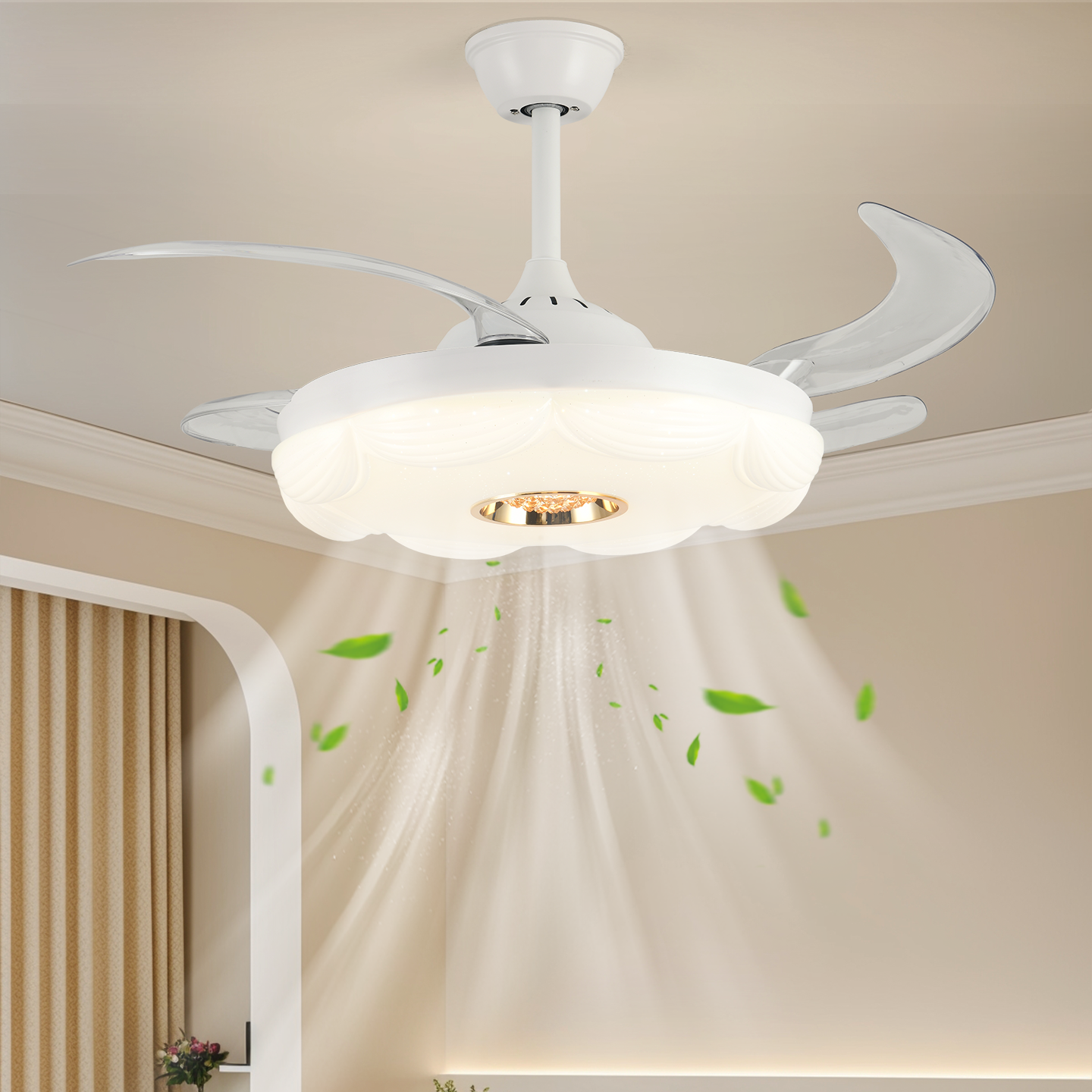 法式奶油风隐形风扇灯卧室吸顶灯奶油风静音智能电扇一体风扇灯