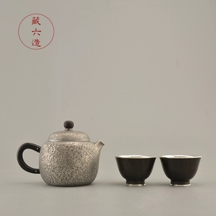 纯手工日本银壶茶壶 藏六造 秋石泡茶壶套装 纯银999茶具 茶道家用