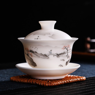 180手绘山水大号三才盖碗素烧猪油白泡茶碗家用功夫茶具敬茶碗