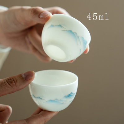蓝色山水茶杯主人杯家用陶瓷单杯