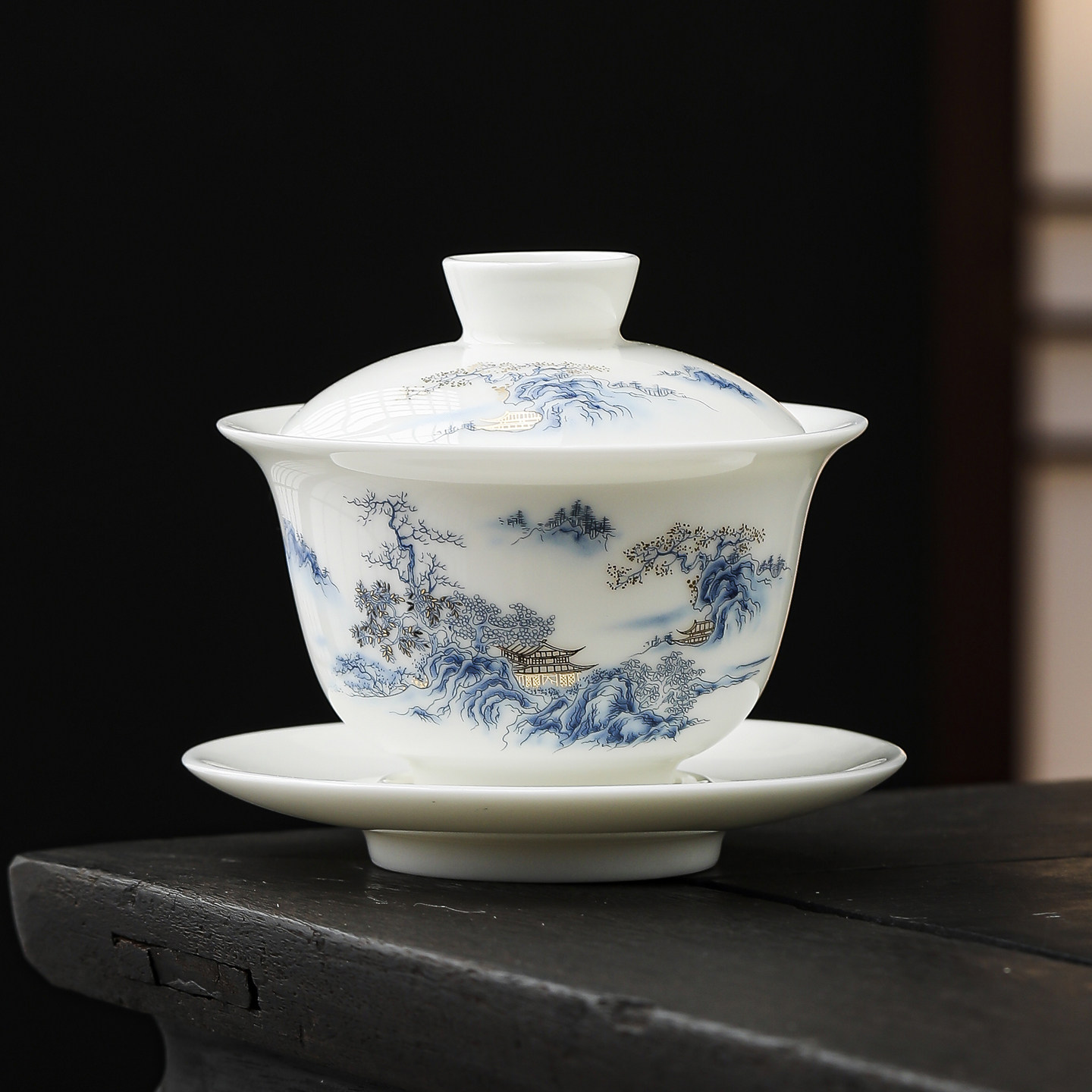 150青花山水家用泡茶杯羊脂三才盖碗复古办公室功夫茶具敬茶碗,餐饮具,盖碗,淘宝优惠券,粉丝福利购,淘宝优惠卷