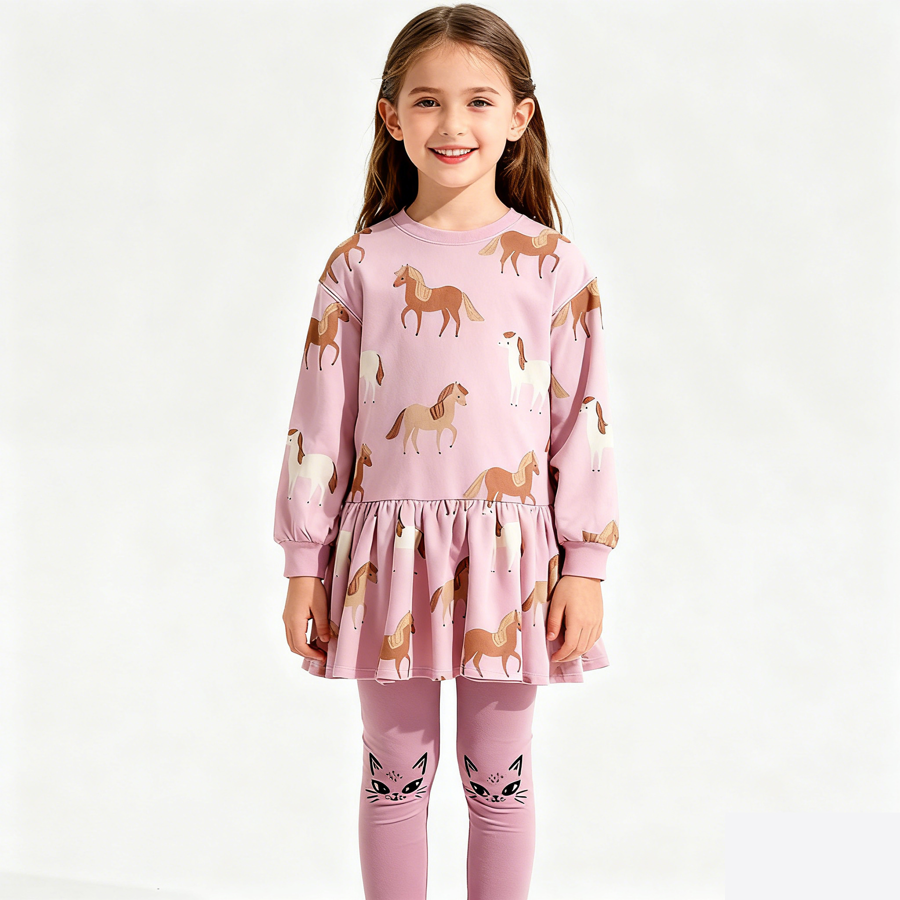 HM春秋季新款女童可爱小马加薄拉绒圆领套头卫衣连衣裙儿童裙子