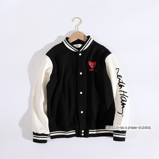 HM正品男女孩爱心刺绣抓绒拼色棒球服童装上衣儿童帅气外套