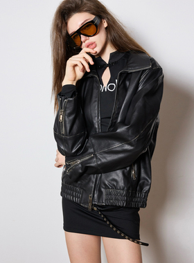 Kilonova欧美风宽松翻领皮衣女秋季新款复古时尚百搭纯色夹克外套