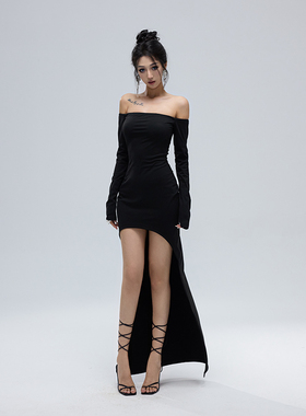 Kilonova原创欧美风一字肩长袖连衣裙女纯色修身气质长裙