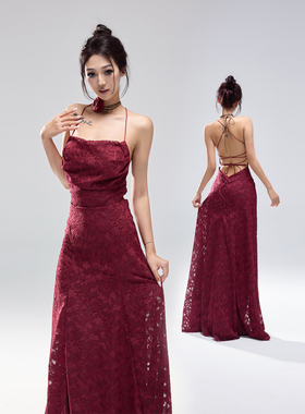 kilonova欧美性感吊带露背连衣裙女设计感高级气质提花晚礼服长裙