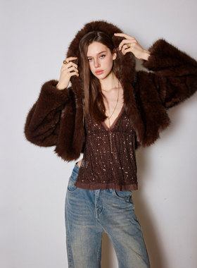 Kilonova欧美风咖啡连帽仿皮草外套2025秋冬新款百搭复古拉链外套