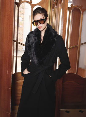 Kilonova欧美风皮草毛毛领大衣女冬季新款黑色气质毛呢大衣外套潮