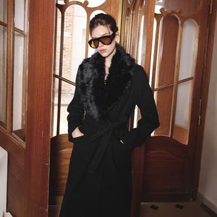 Kilonova欧美风皮草毛毛领大衣女冬季新款黑色气质毛呢大衣外套潮