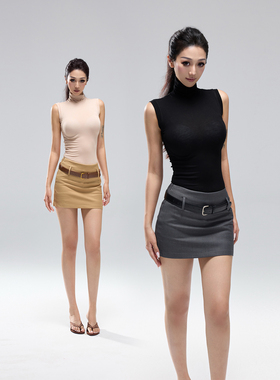 kilonova欧美性感纯色高领无袖背心上衣夏季时尚皮带短裙辣妹套装