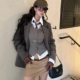 Kilonova复古风咖色马甲西装 皮带半裙 外套收腰衬衫 套装 毛呢西装