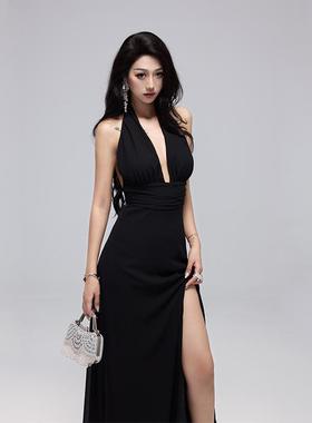 Kilonova法式度假深v绑带开衩连衣裙挂脖露背超仙气质复古长裙