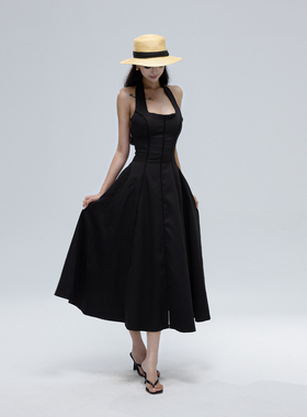 kilonova黑色老钱风挂脖收腰连衣裙女欧美露背线条高级感气质长裙