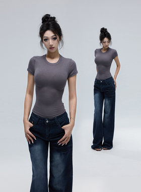 kilonova性感纯色圆领修身显瘦T恤女夏季纯欲辣妹短款短袖上衣潮