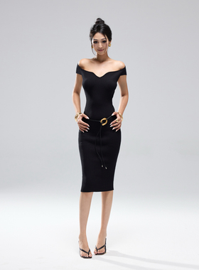 kilonova欧美辣妹黑色针织连衣裙女夏季一字领性感修身收腰长裙