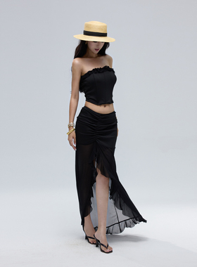 Kilonova欧美辣妹黑色抹胸开衩半裙套装女夏季新款时尚性感两件套