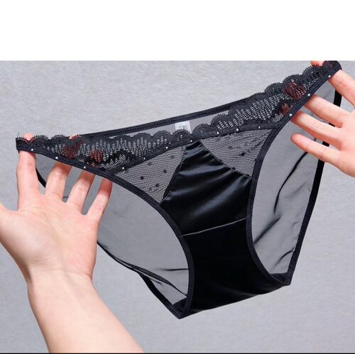 纯欲风高开烫钻透明网纱诱惑三角裤极简高智~ 性感缎面蕾丝内裤女