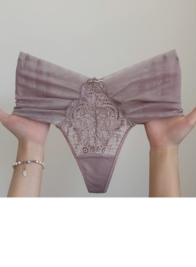 蝴蝶结透明诱惑约会丁字裤高雅秘韵~ 性感欧美蕾丝内裤女网纱紫色