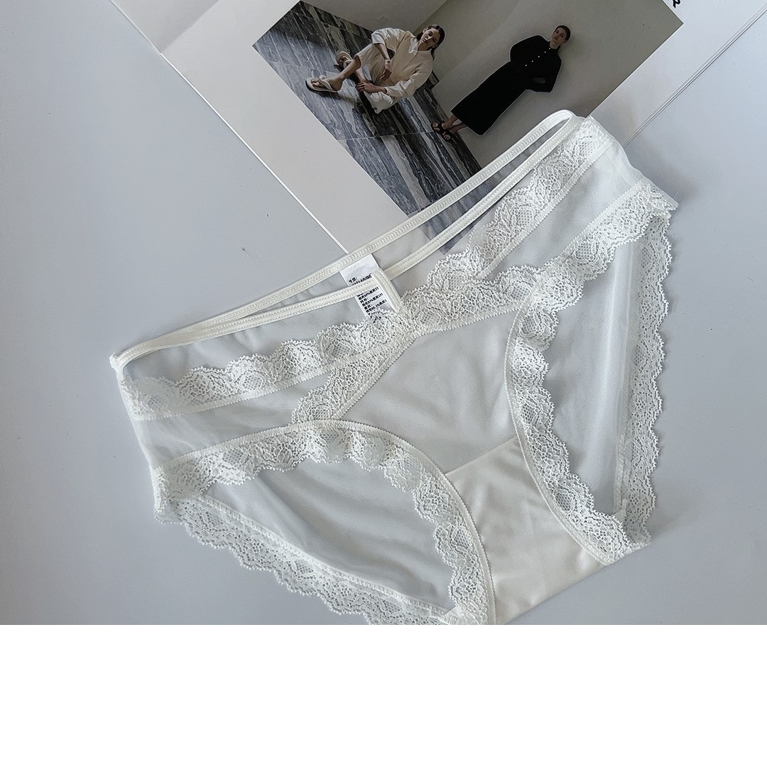 日系女士棉内裆无痕黑色透明内裤头诱惑性感低腰少女交叉网纱蕾丝