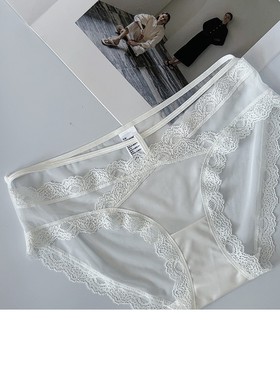 日系女士棉内裆无痕黑色透明内裤头诱惑性感低腰少女交叉网纱蕾丝