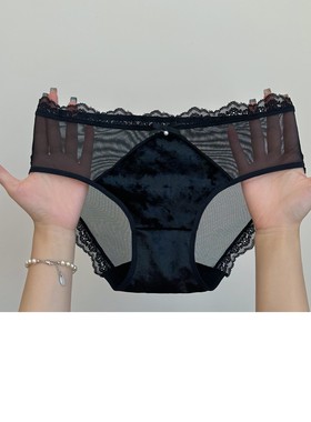 蝴蝶结透明诱惑新款三角裤酒红色性感纯欲丝绒蕾丝内裤女珍珠黑色