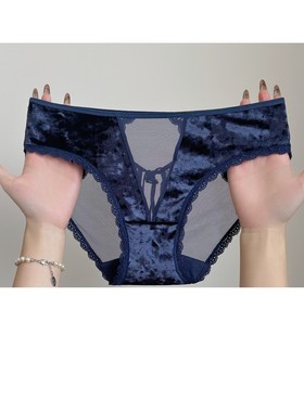 宝蓝色性感丝绒蕾丝内裤女纯欲风系带镂空透明诱惑新品三角裤黑色