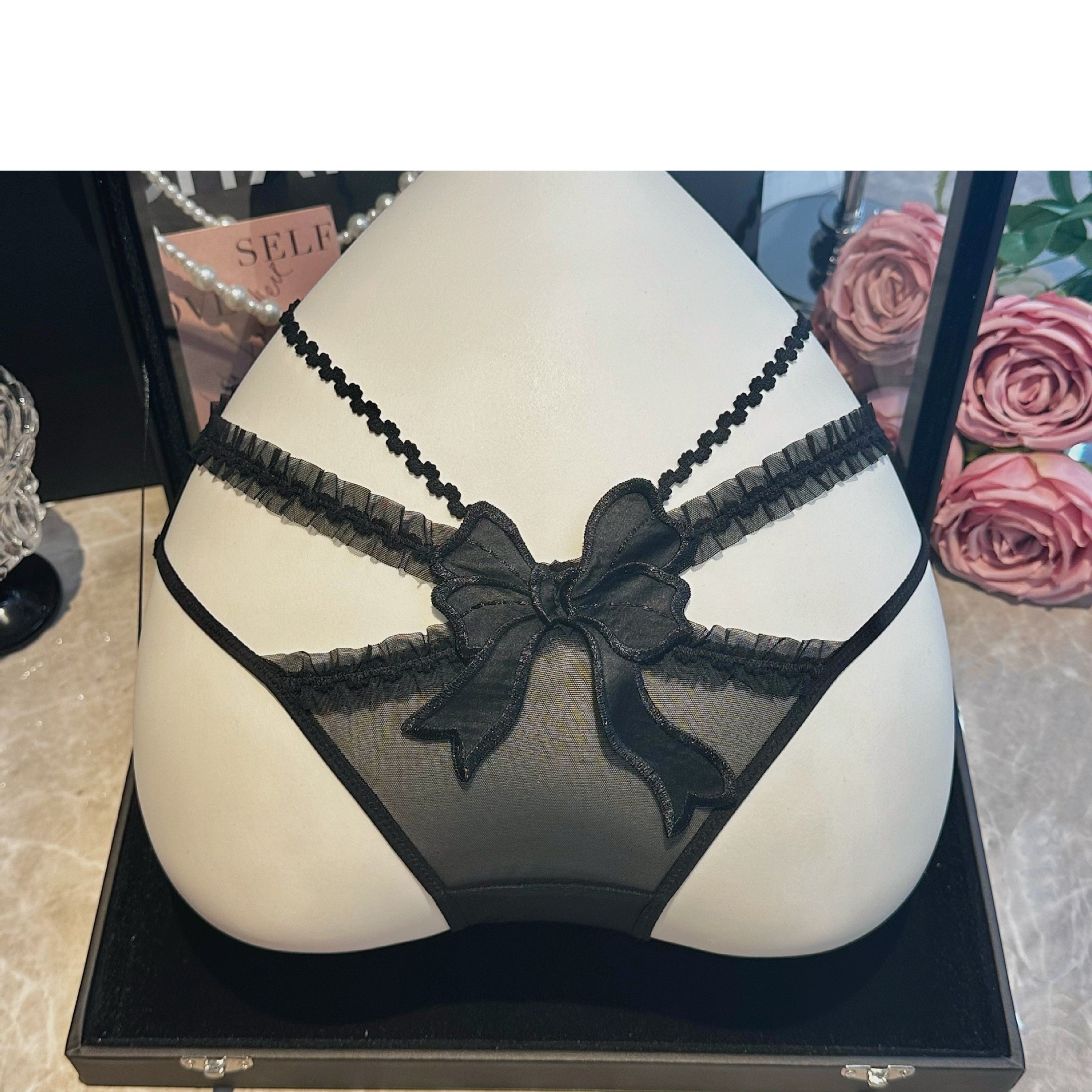 美腰透明诱惑约会战袍三角裤性感蝴蝶结蕾丝内裤女纯欲黑色红色